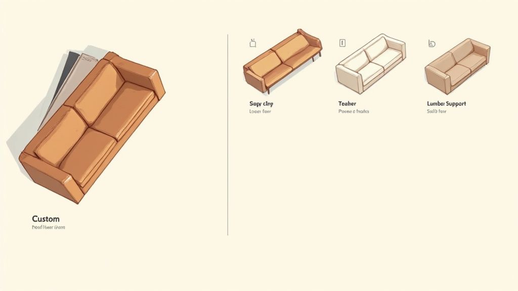 Four illustrated sofas demonstrating various styles and support features, including a custom recliner.