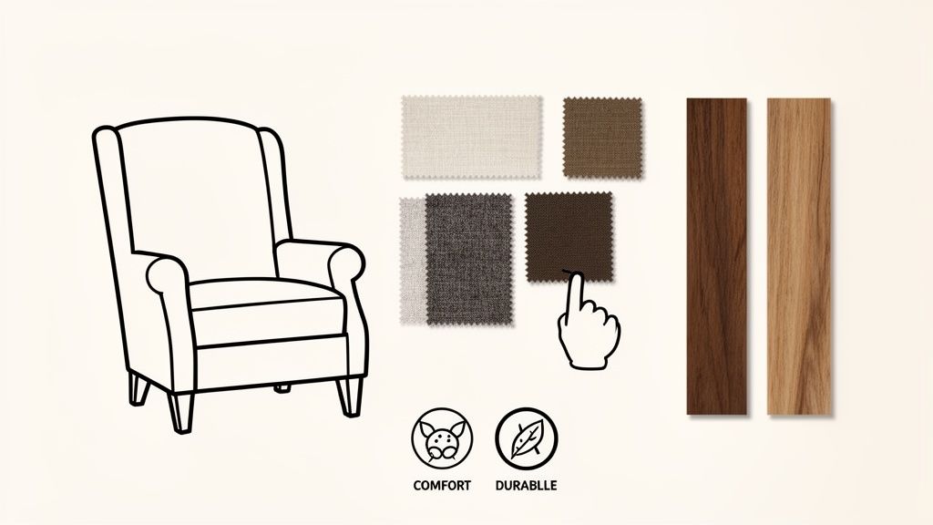 Outline of an armchair with fabric and wood samples for customization, showing comfort and durability icons.