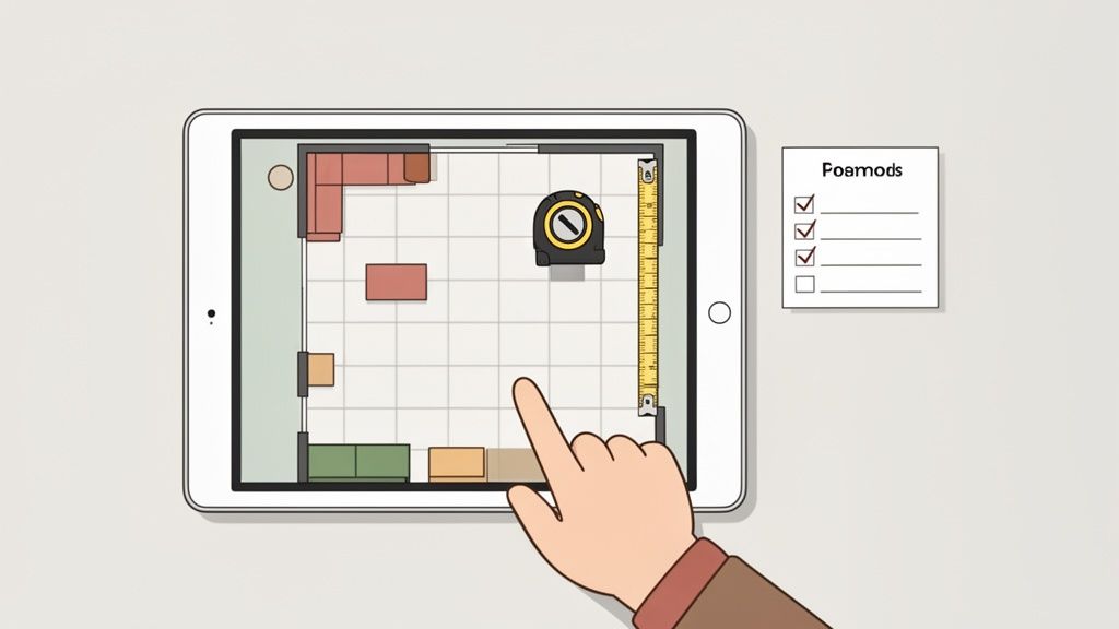 A hand interacts with a tablet displaying a room layout, furniture, and a measuring tape, with a checklist nearby.
