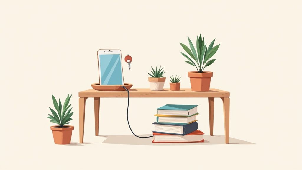 Minimalist wooden table with smartphone, plants, and stacked books in modern home decor