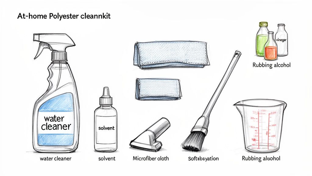 Illustration of an at-home polyester cleaning kit with spray, solvent, cloths, brush, measuring cup, and liquids.