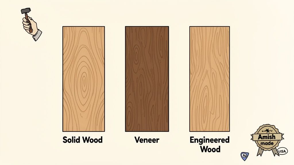 Illustration showing three wood panels: solid wood, veneer, and engineered wood, with wood grain patterns.