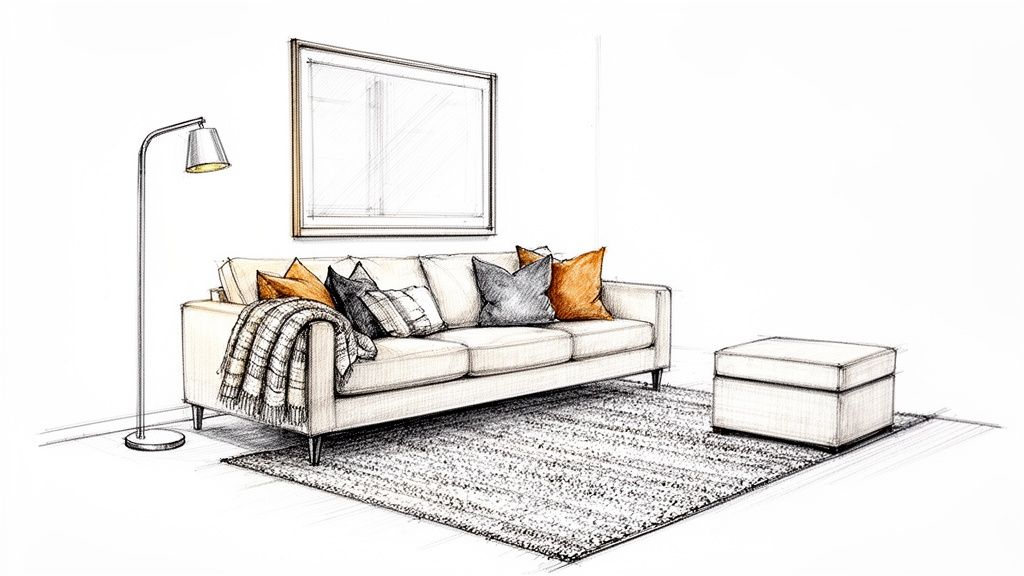 A minimalist sketch of a cozy living room with a sofa, throw pillows, and a floor lamp.