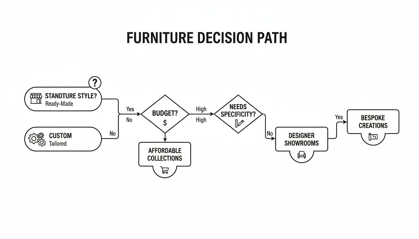 Flowchart outlining furniture decision path, covering style, budget, specificity, and purchase options.