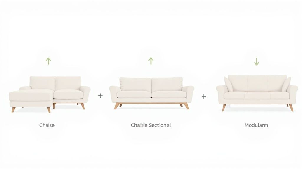 Three cream-colored modular sofas demonstrating chaise, two-seater, and three-seater configurations on a white background.