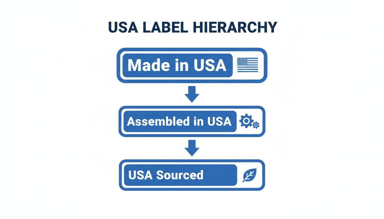 A hierarchy diagram showing USA labels: Made in USA, Assembled in USA, and USA Sourced.