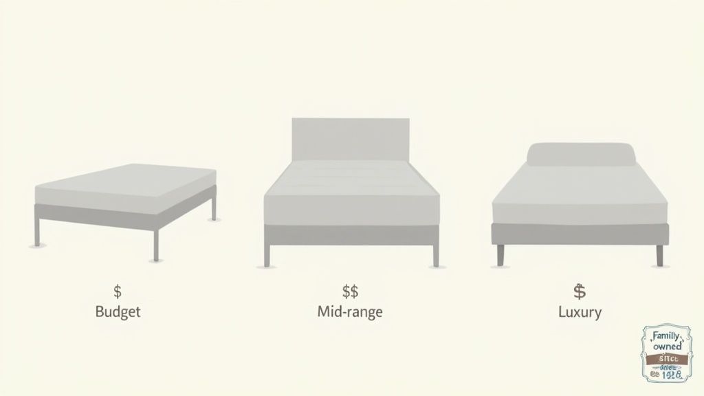 Comparison of three beds illustrating budget, mid-range, and luxury mattress cost options.
