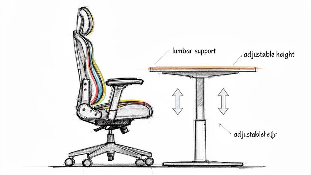 A sketch illustrating an ergonomic office chair with wheels and an adjustable height standing desk.
