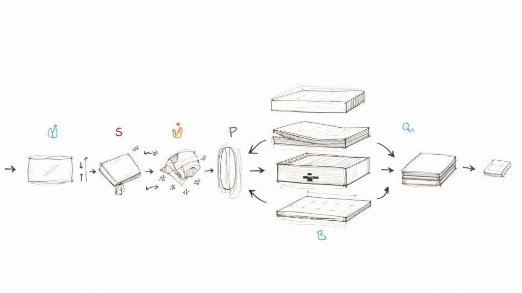 Conceptual diagram showing various stages of mattress design, production, and assembly.