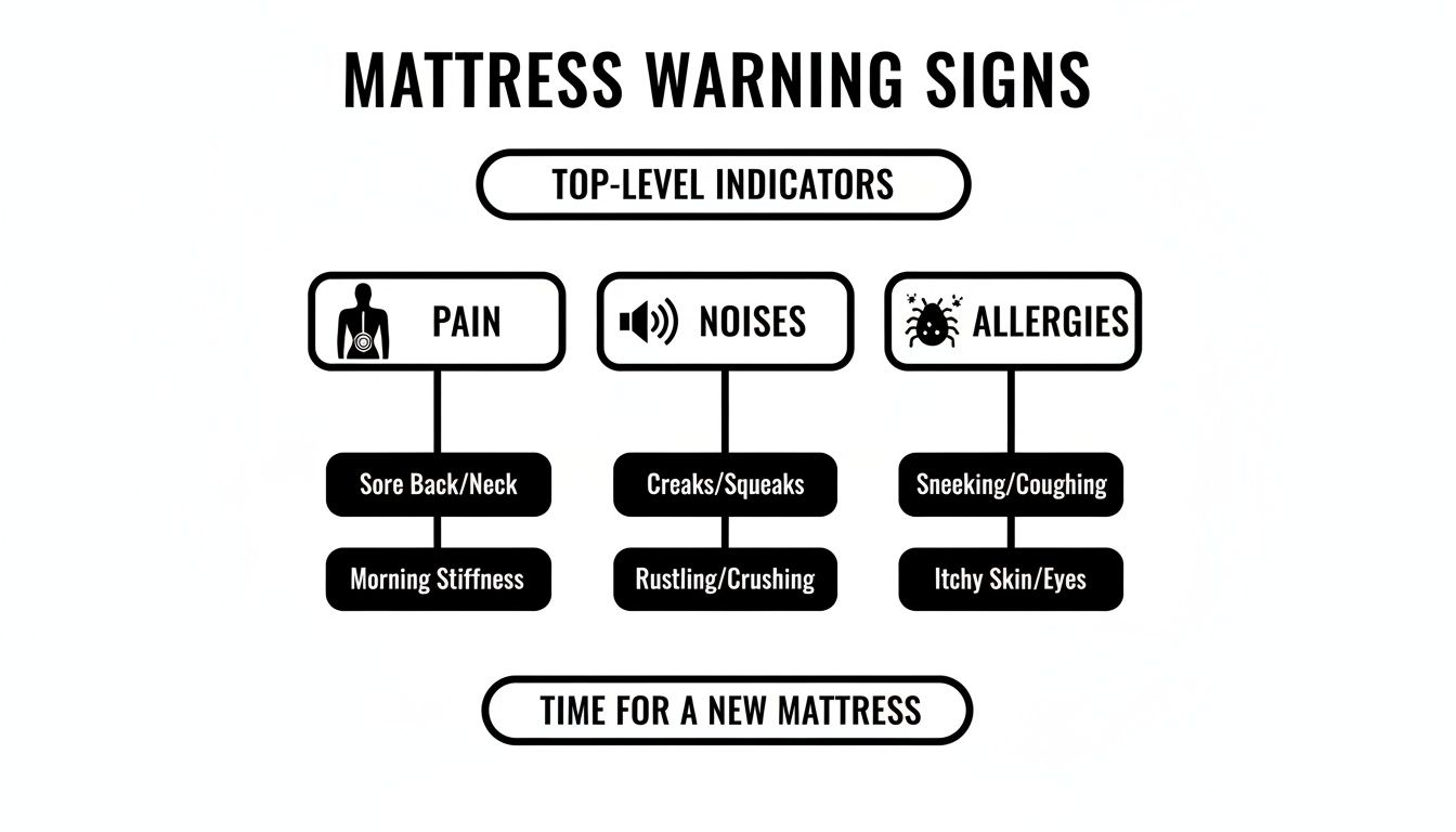 An infographic illustrating mattress warning signs: pain (sore back/neck, morning stiffness), noises (creaks/squeaks, rustling/crushing), and allergies (sneezing/coughing, itchy skin/eyes).