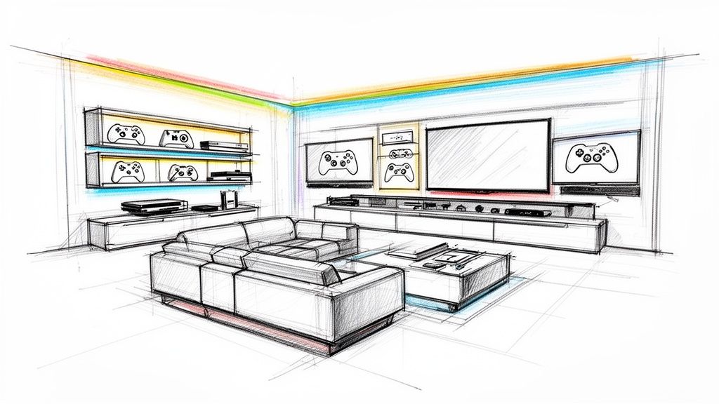 A vibrant sketch showcasing a modern gaming and home theater entertainment room design.