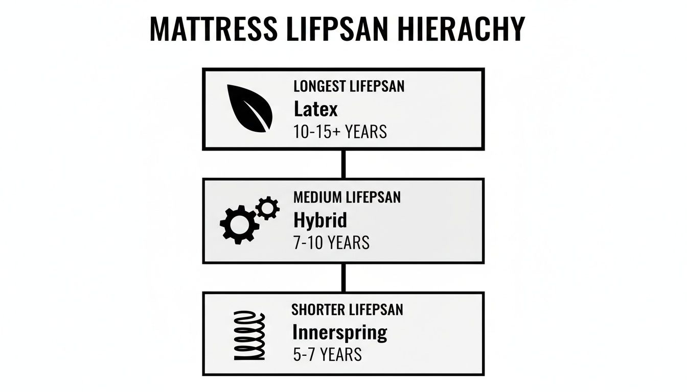Infographic showing mattress lifespan hierarchy: Latex, Hybrid, and Innerspring mattresses with their estimated years.