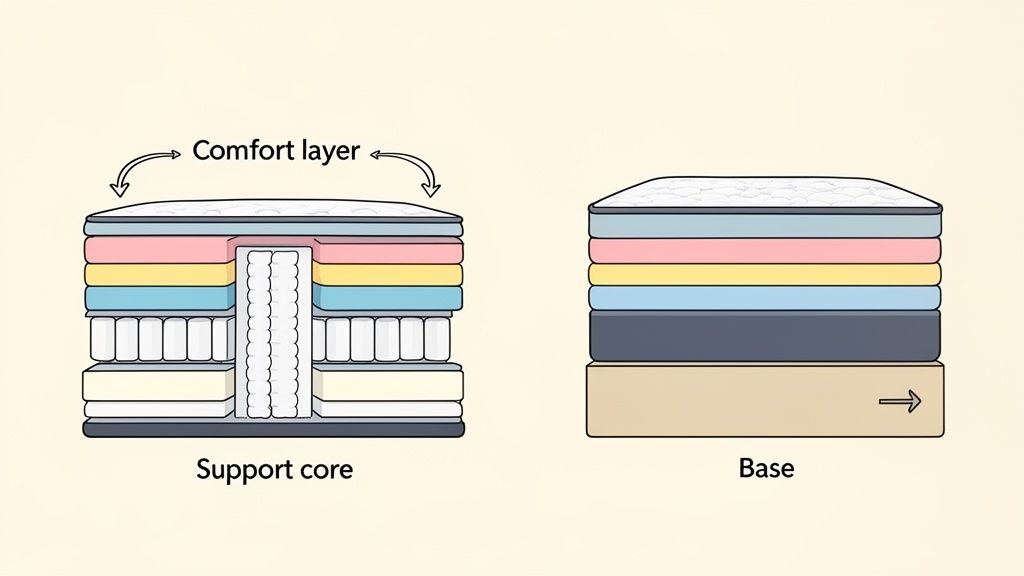 Diagram comparing two-sided mattress construction with a comfort layer and support core, versus a one-sided mattress on a base.