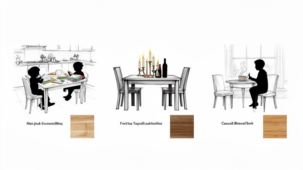 Sketches of diverse table settings and activities, paired with samples of different wood types.