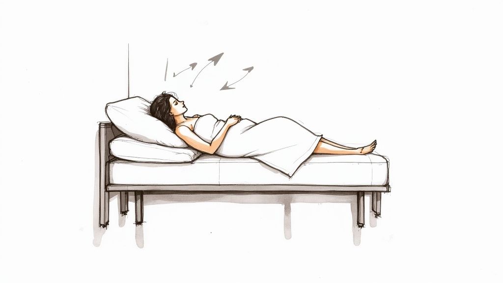 A person comfortably sleeping on an adjustable bed with their head elevated.