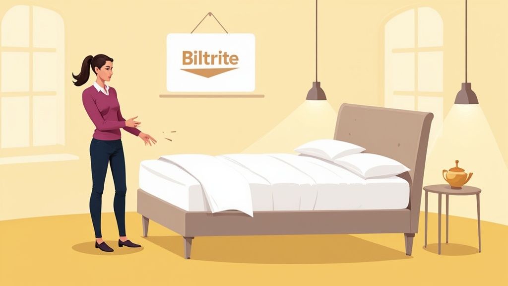 A cozy and inviting BILTRITE Furniture showroom with beautifully arranged bedroom sets.