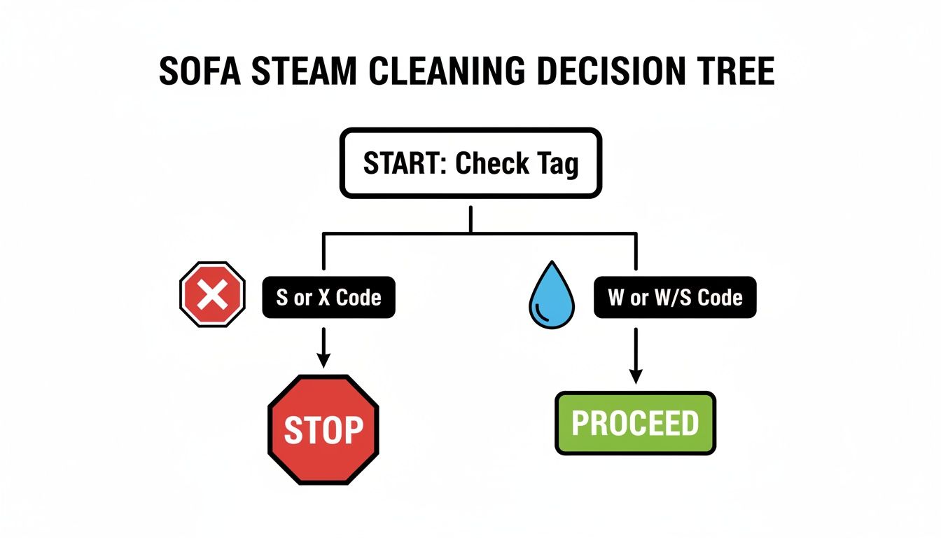 Sofa steam cleaning decision tree flowchart showing steps based on care tag codes.