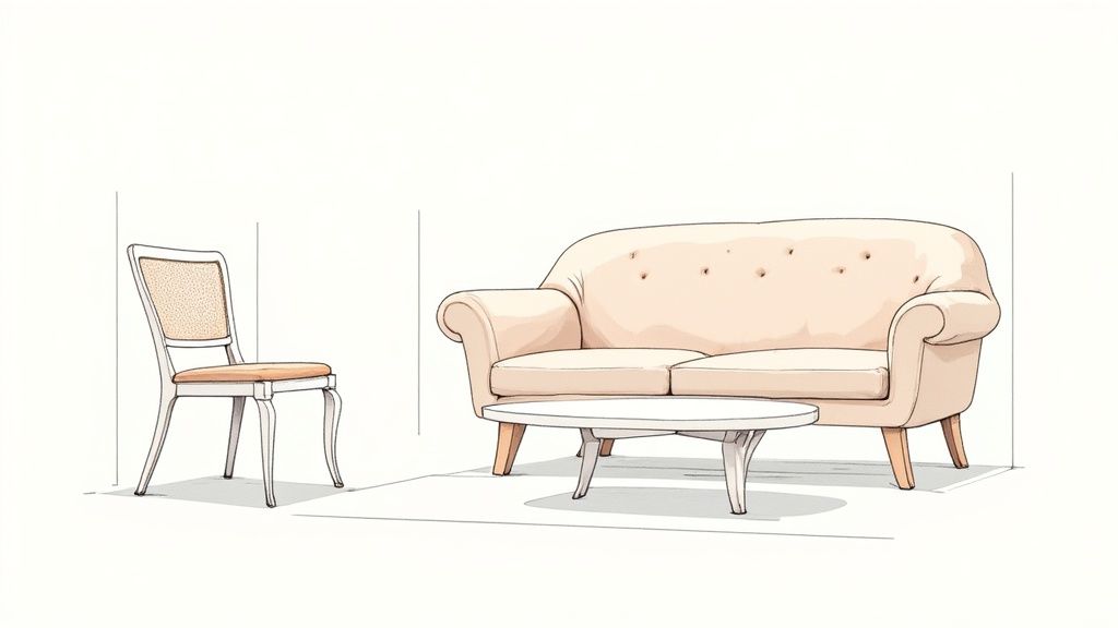 A hand-drawn sketch of a beige chair, a two-seater sofa, and a white coffee table.
