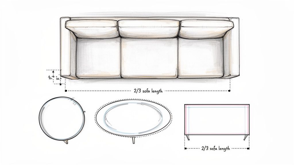 Top-down sketch showing sofa and three coffee tables (round, oval, rectangular) with a size guide.