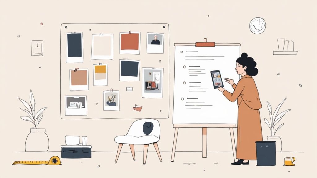 A mood board showing various fabric swatches, wood finishes, and inspirational photos for an interior design project.