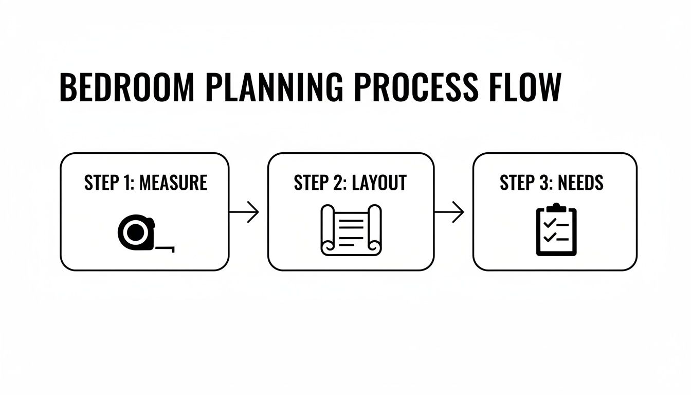 A flowchart illustrating the bedroom planning process with steps for measuring, layout, and identifying needs.