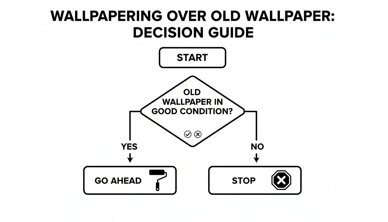 Flowchart guiding the decision to wallpaper over old wallpaper based on its condition.