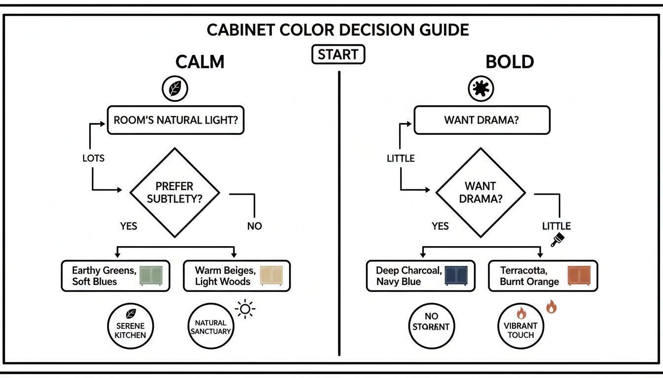 Flowchart guiding cabinet color decisions based on room's natural light, subtlety, and drama.