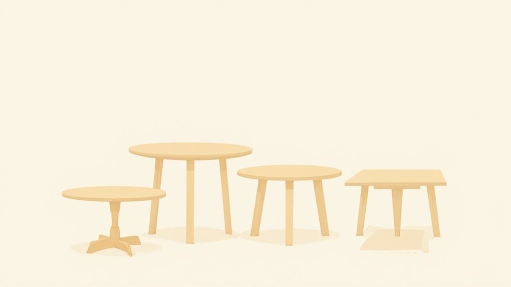 Four light wood minimalist tables in varying sizes and shapes displayed on neutral background