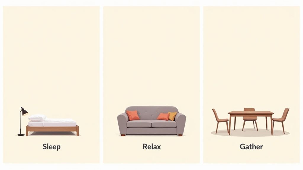 Three panels illustrate home furniture: a bed for sleeping, a sofa for relaxing, and a dining set for gathering.