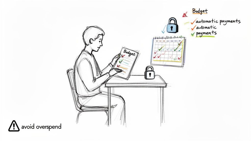 A person reviews a budget, calendar, and lock icons, managing automatic payments and avoiding overspending.