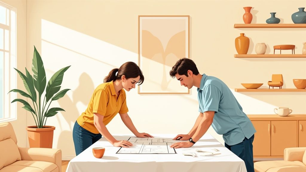 Young couple reviewing furniture floor plans together at table in modern home interior
