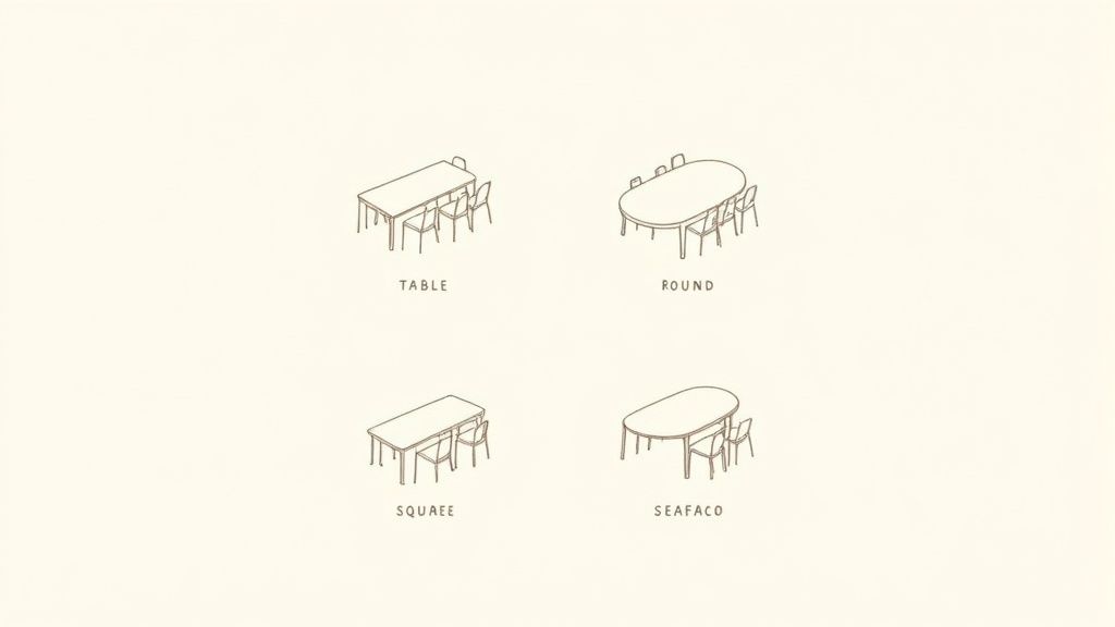Illustrations of four different dining table styles: rectangular, round, square, and oval with chairs.