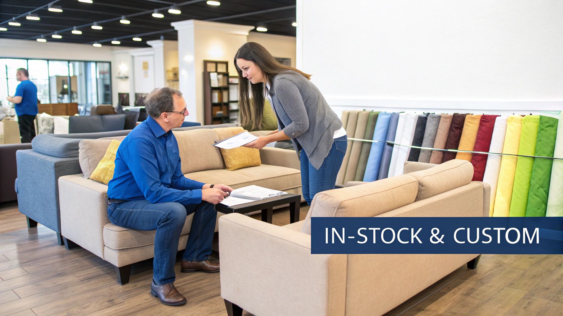 A man and a woman discussing options in a modern furniture store with fabric samples and couches.