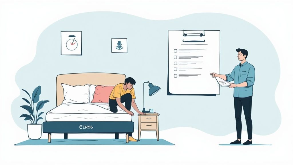 Two men in a bedroom setting, one setting up a CINQS mattress, the other holding a checklist.