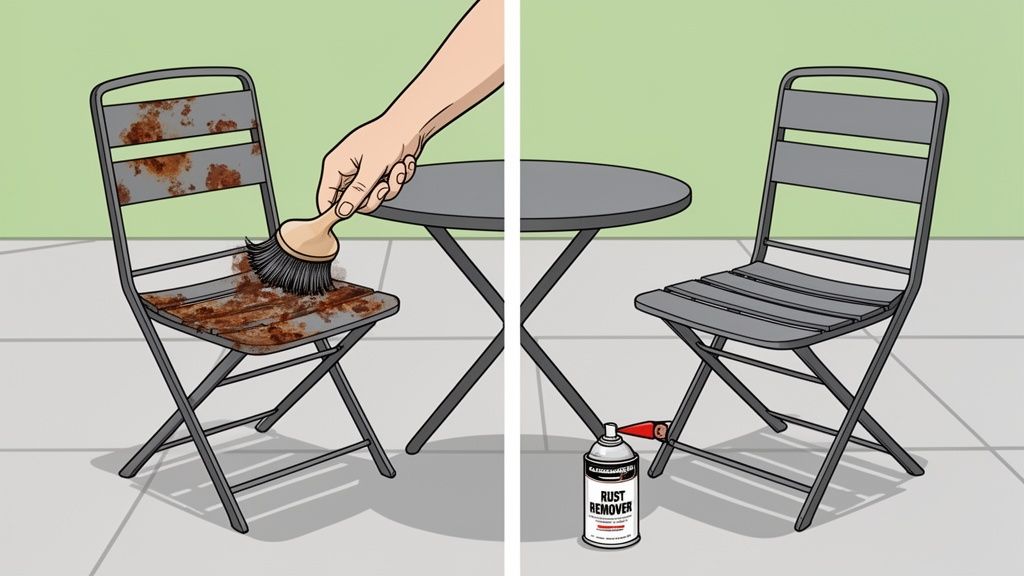 An illustration showing how to remove rust from an outdoor chair, before and after treatment.