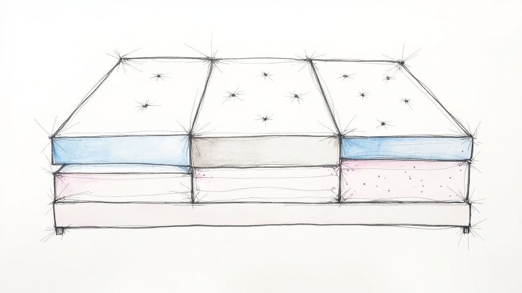 A high-density mattress topper placed on top of a bed, smoothing out a sagging area.