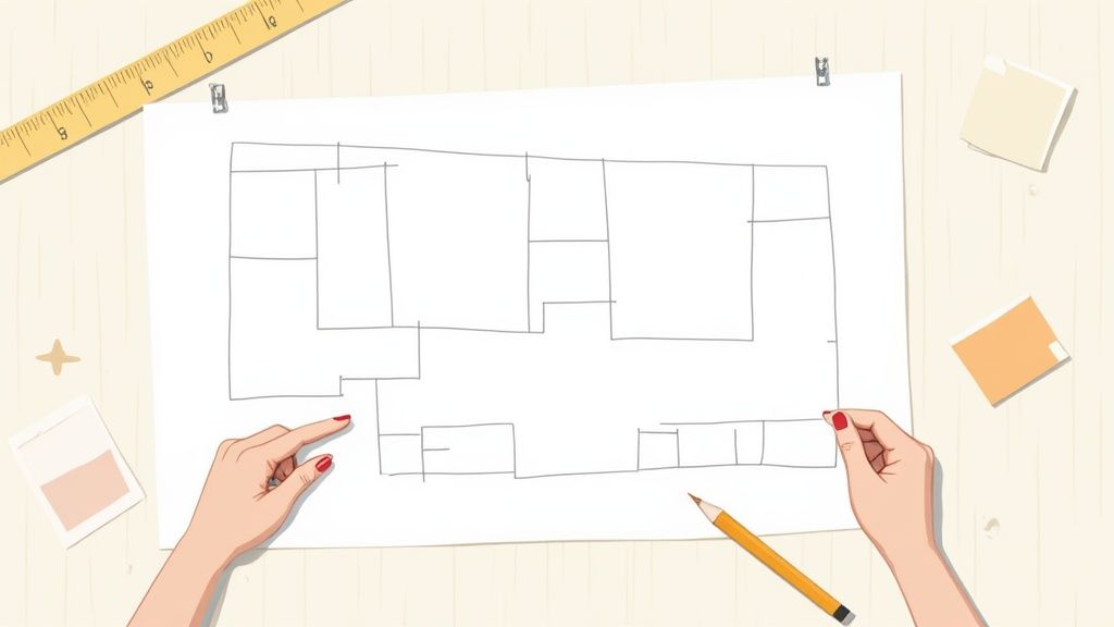 A person's hands draw a room layout on a paper blueprint, with a ruler and pencil.