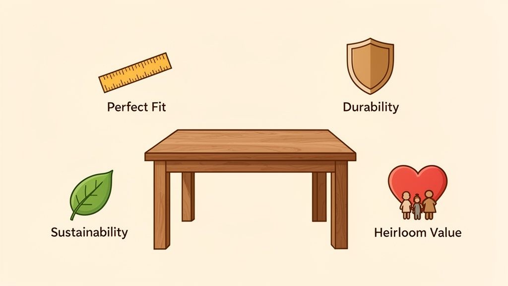 A wooden table surrounded by icons representing perfect fit, durability, sustainability, and heirloom value.
