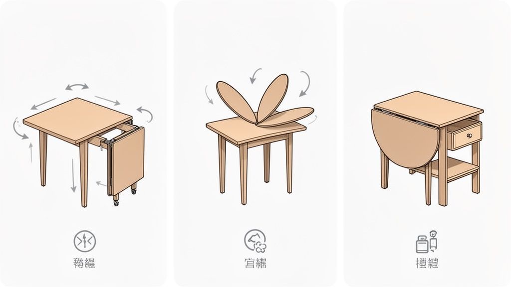 Three illustrations showcasing different compact, folding, and extendable kitchen or side tables.