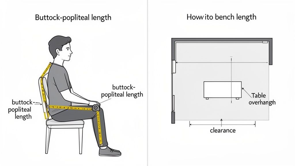 Ergonomic diagrams showing buttock-popliteal length for seat depth and bench planning with table dimensions.