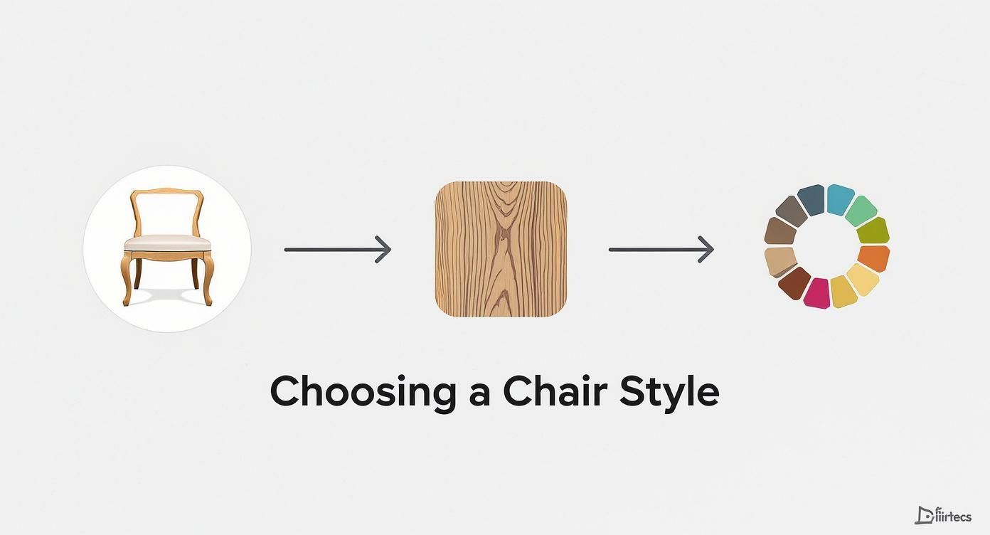 Diagram illustrating the process of choosing a chair style, wood finish, and color palette.