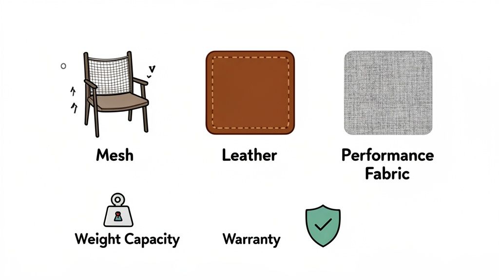 Illustration showing chair features: Mesh material, Leather swatch, Performance Fabric swatch, Weight Capacity icon, and Warranty icon.