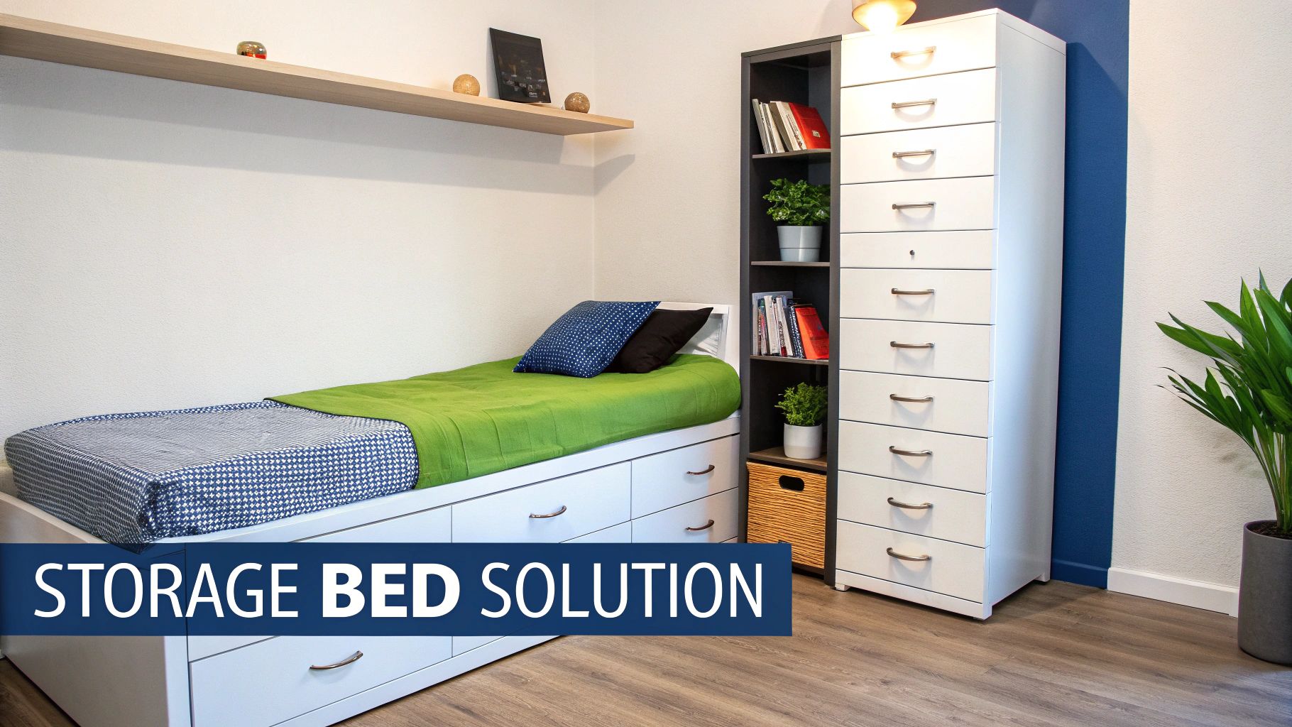 A bright, organized bedroom featuring a storage bed with drawers, a tall shelving unit, and a floating wall shelf, optimized for small spaces.