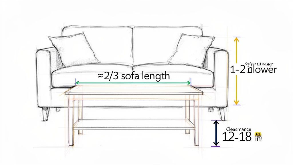 A sketch illustrating ideal dimensions for a coffee table in relation to a sofa, showing length, height, and clearance.