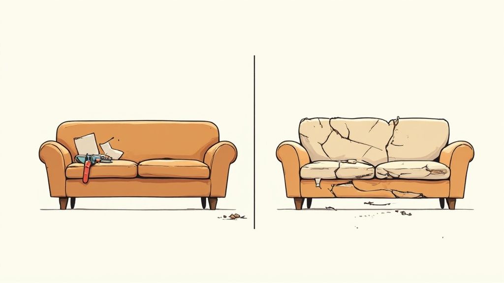 A split image showing a new orange couch on the left and a heavily damaged, peeling beige couch on the right.