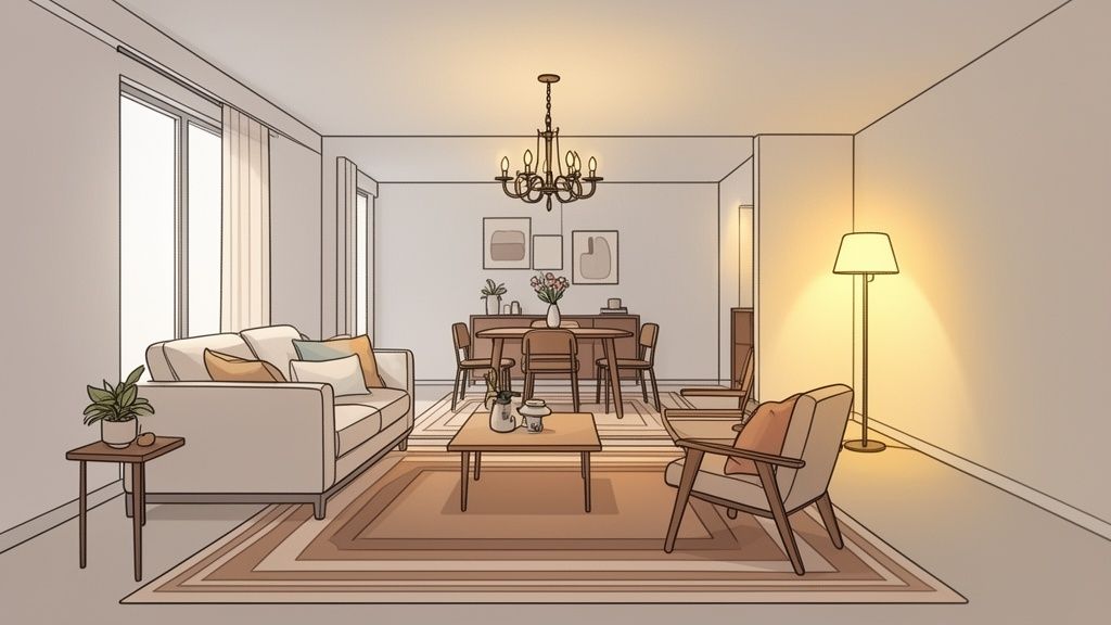 A well-lit, cozy open-plan living and dining room with modern furniture and neutral decor.