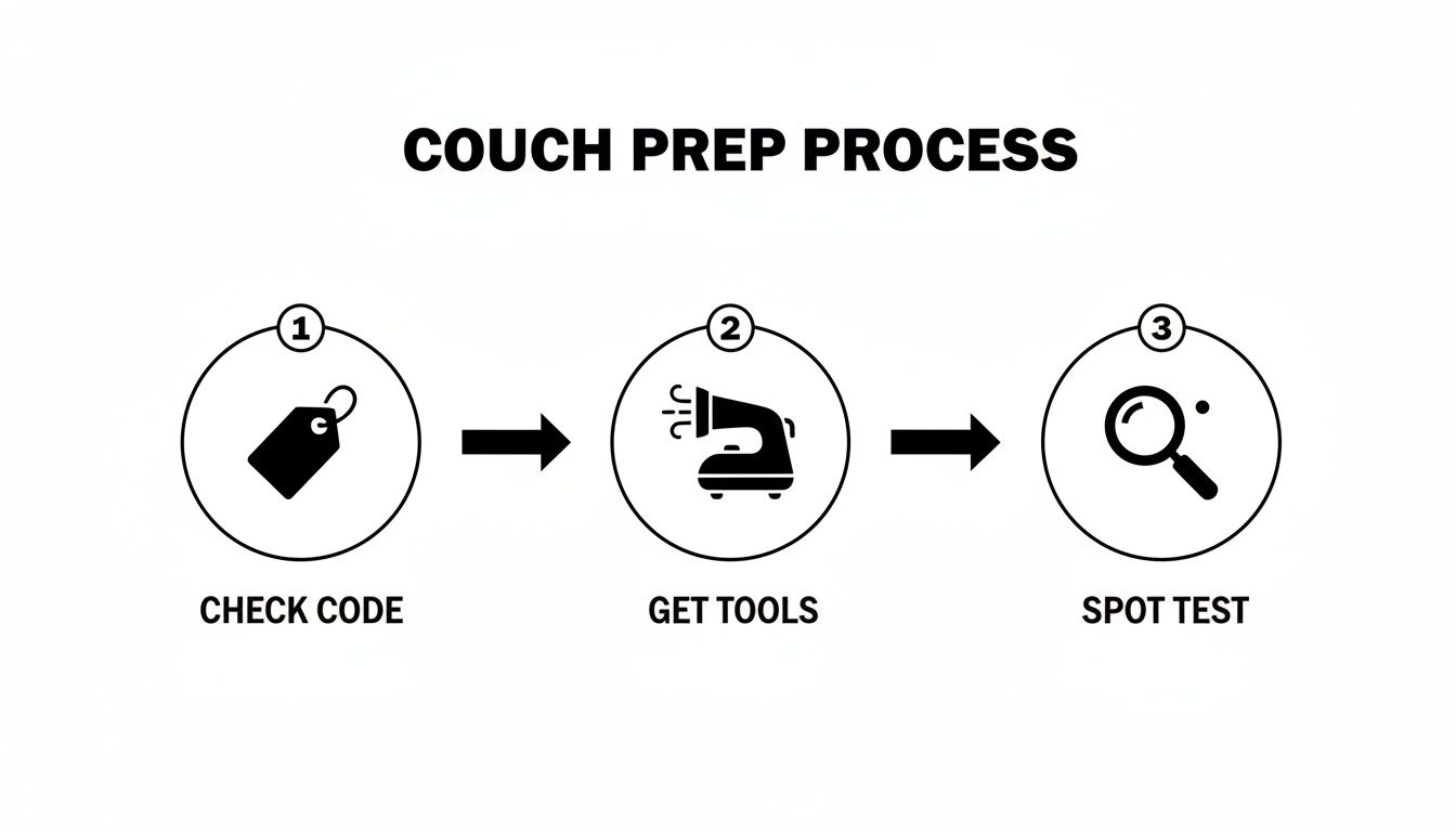 A clear diagram illustrating the couch prep process with three steps: check code, get tools, and spot test.