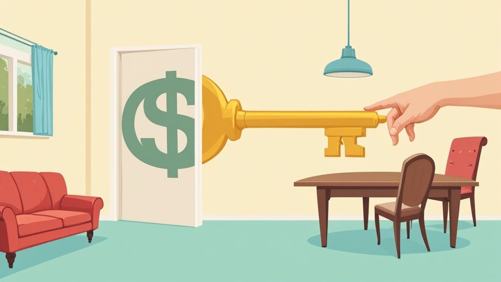 A large golden key is held by a hand, pointing towards a dollar sign on a doorway.