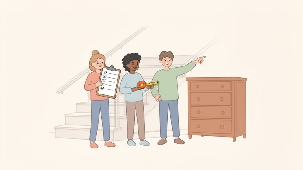 Three people plan to move a brown dresser up a staircase, with a checklist and measuring tape.