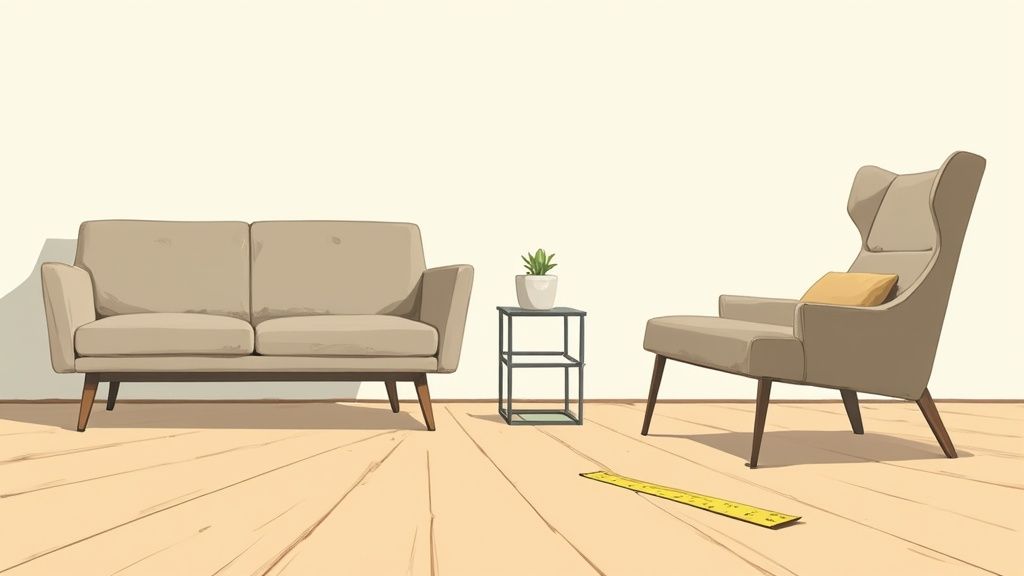 A stylish, small-scale sofa with exposed legs in a well-lit apartment.